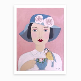 Woman With Teacup And Bird Art Print