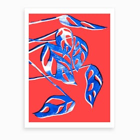 Monstera Obliqua In Red And Blue Art Print