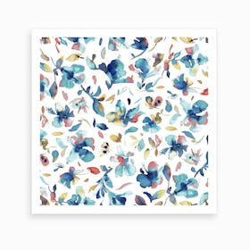 Watery Hibiscus Blue Gold Art Print