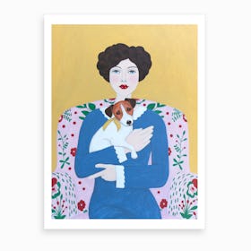 Woman And Jack Russell On Armchair Art Print