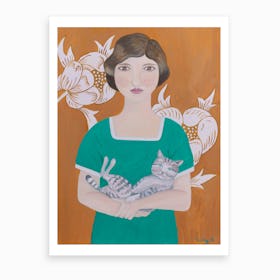 Woman In Green Dress With Cat Art Print