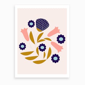 Dark Blue And Pink Retro Flower Composition Art Print
