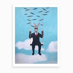 Masked Rabbit On A Swing Art Print