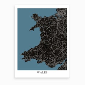 Wales Black Blue Map Art Print