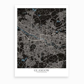 Glasgow Black Blue Map Art Print