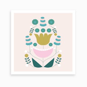 Mustard Pink And Green Retro Flower Composition 2 Art Print