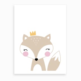 Scandi Beige Fox With Crown Art Print