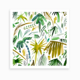 Brushstrokes Tropical Palms Green Square Art Print