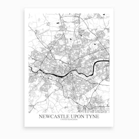 Newcastle Upon Tyne White Black Map Art Print