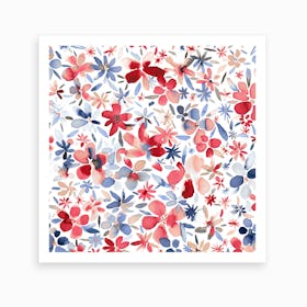 Colorful Flowers Petals Blue Square Art Print
