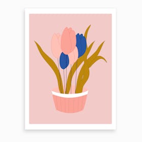Pink And Blue Tulips In A Pot Art Print