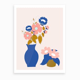 Pink Blue And Gold Vases With Flowers Art Print