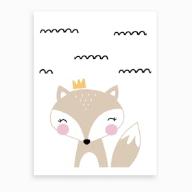 Scandi Beige Fox With Crown Zig Lines Art Print