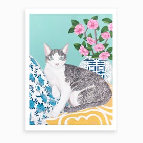 Cat With Cushions And Chinoiserie Vase Art Print