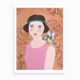 Woman In Pink Dress With Bird Art Print