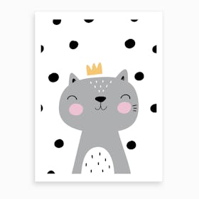 Scandi Grey Cat With Crown And Polka Dots Art Print