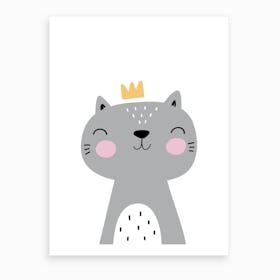 Scandi Grey Cat With Crown Art Print