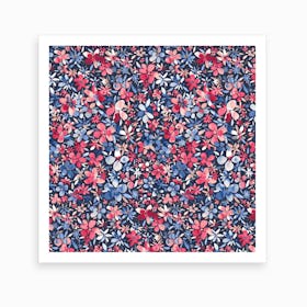 Colorful Little Flowers Navy Square Art Print