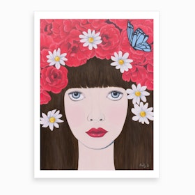 Woman And Red Flowers On Hair Art Print