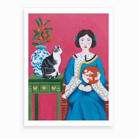 Chinese Woman And Cat Art Print