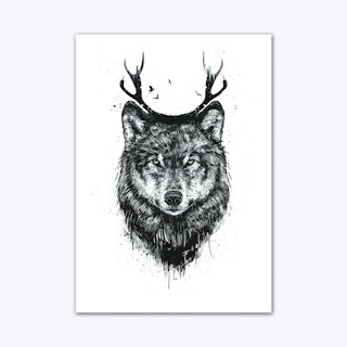 Deer Wolf Blackandwhite Art Print