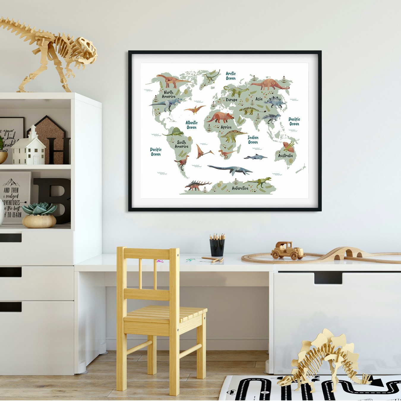 Dinosaur World Map Art Print by Piccalilli Prints - Fy