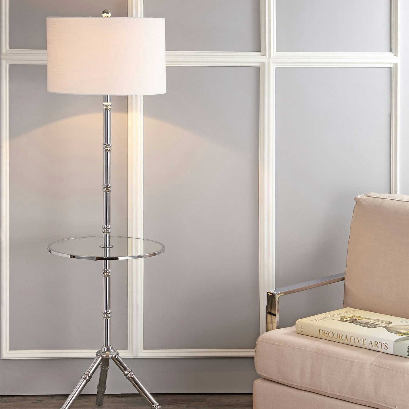 Hall LED Floor Lamp with End Table Chrome Metal by JONATHAN Y Fy