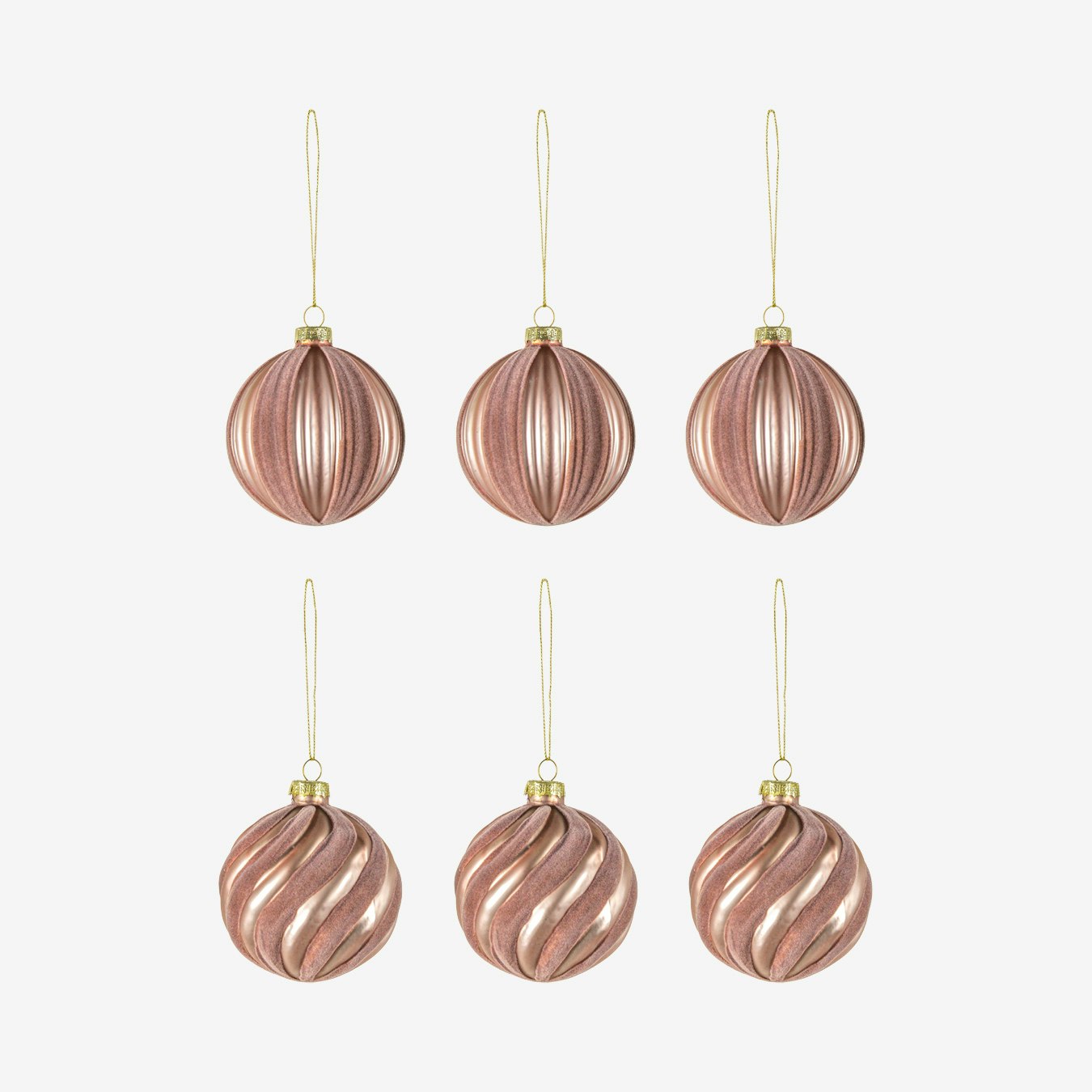 Blush With Flock Stripes Glass Baubles Set Of 6 By E S Designs Fy