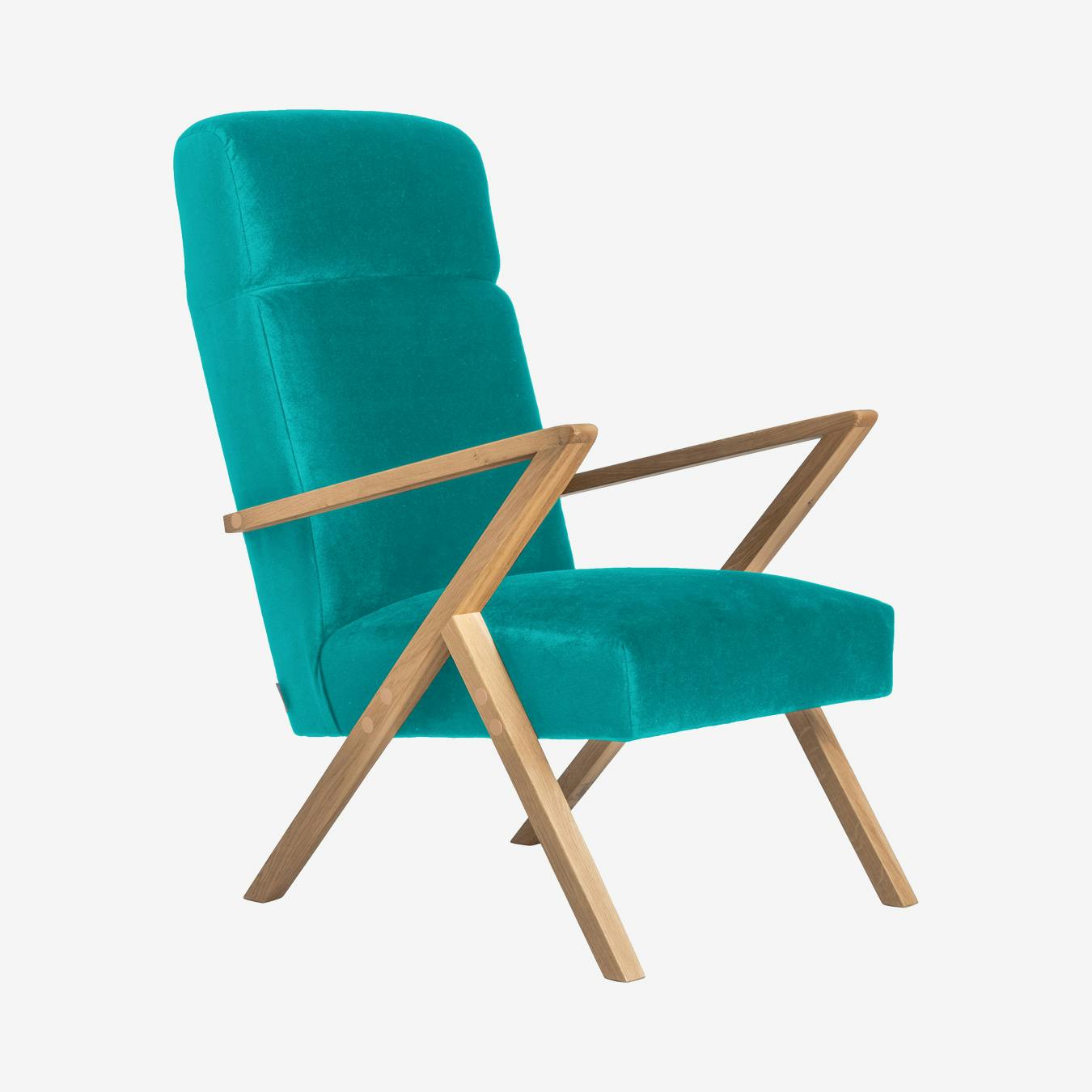 Retrostar Lounge Chair in Ocean Blue Natural Oak Velvet by Sternzeit Design Fy