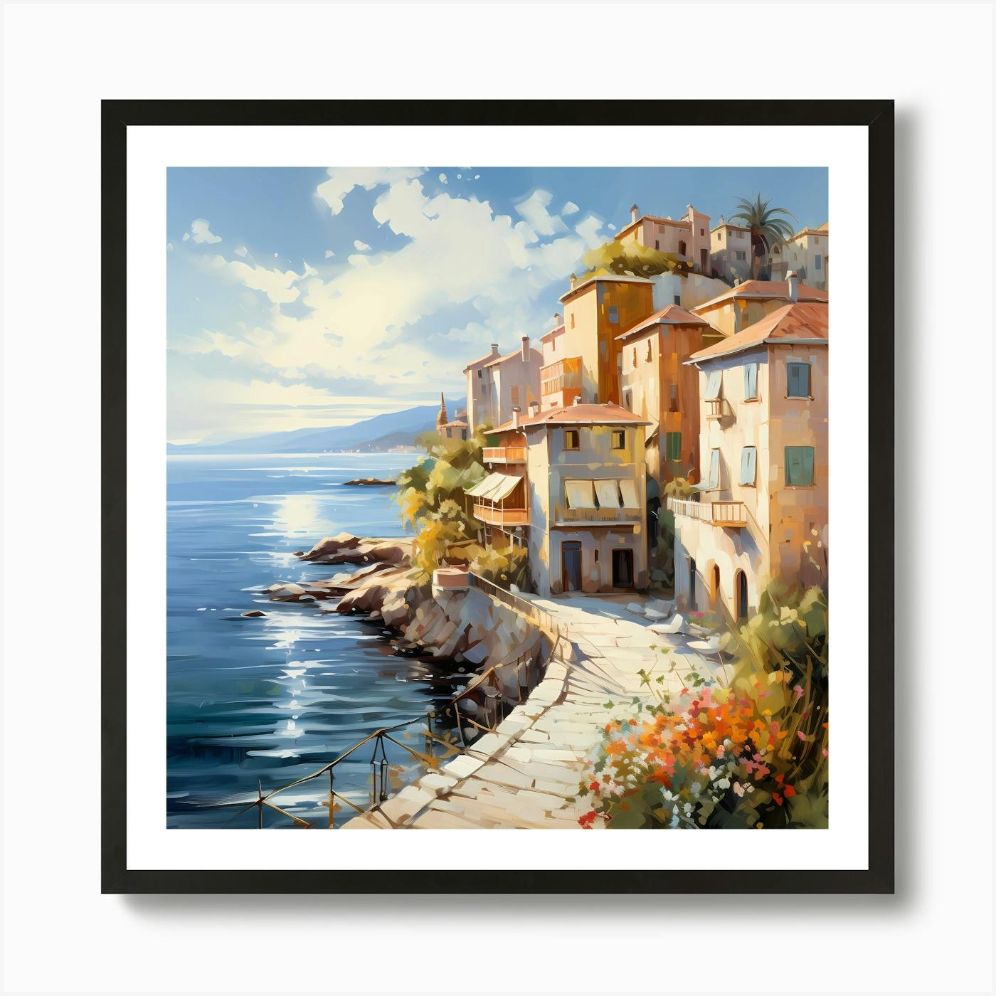 Mediterranean Villa fashion House By Ocean with Beautiful Garden, Oil on Canvas, Framed