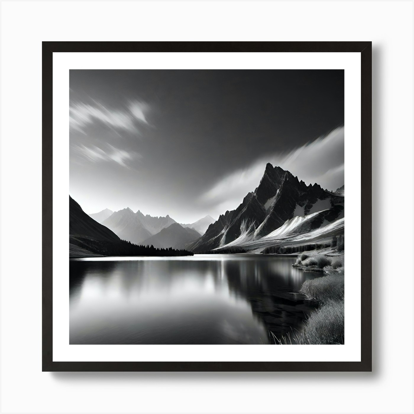 Black And White Mountain Lake 15 Art Print by Noctarius - Fy