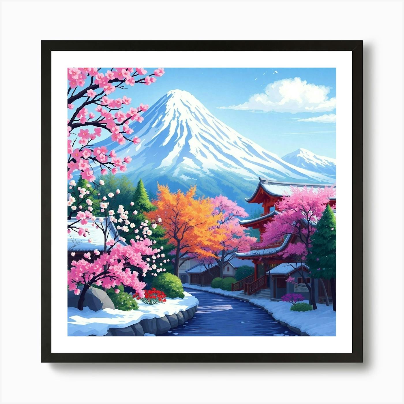Japan village with cherry blossom tree and mountain Art