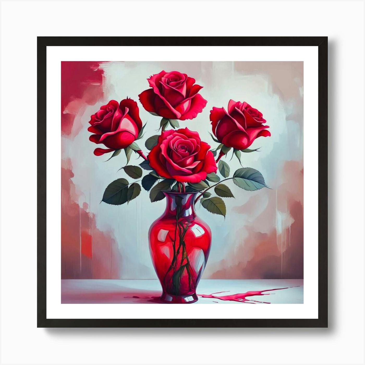 Framed Painting of Red Flower in Vase, Framed store Acrylic Floral Painting