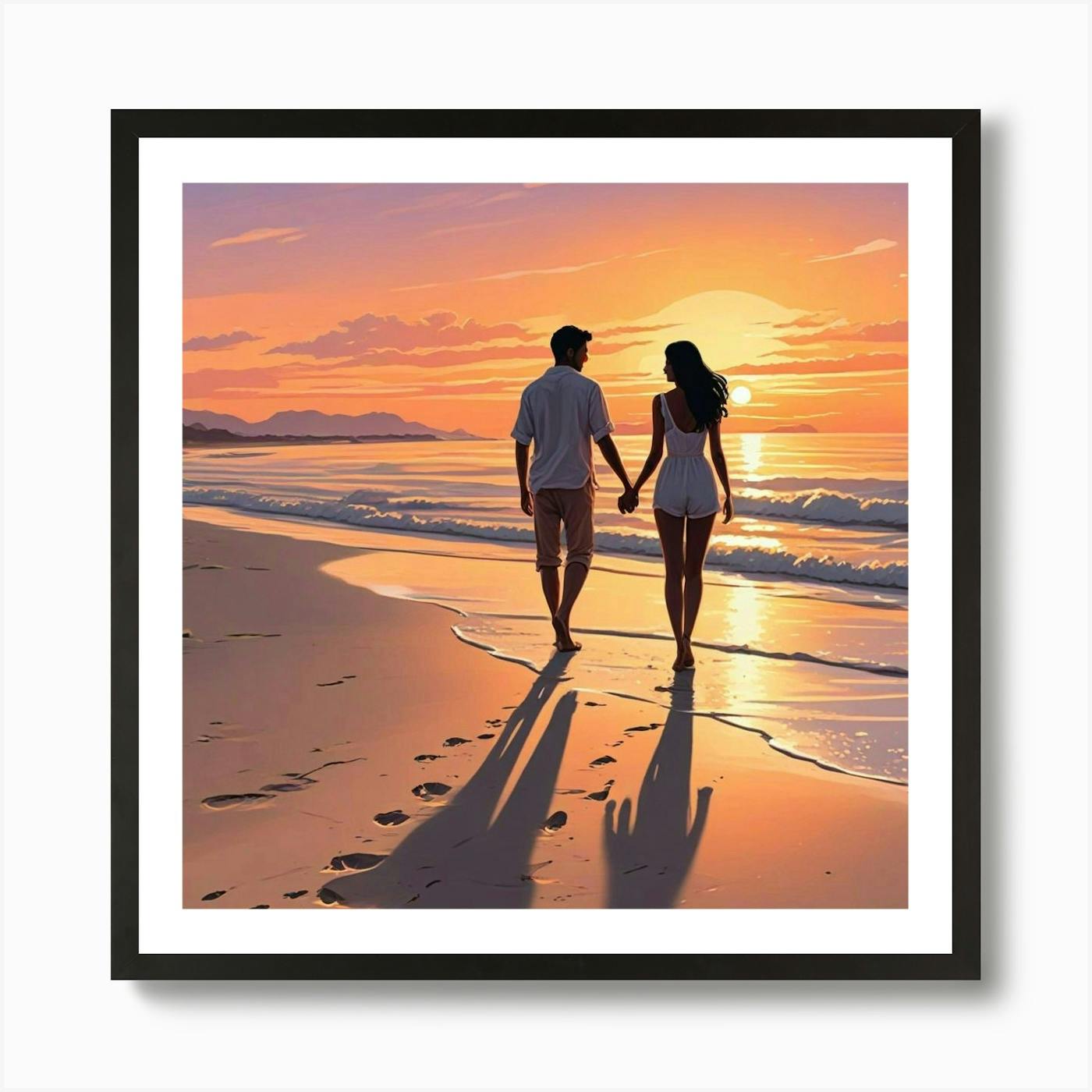 Couple Walking on Beach Path Oil Painting or Print, Sunset Over Ocean, Tropical 2024 Summer Art