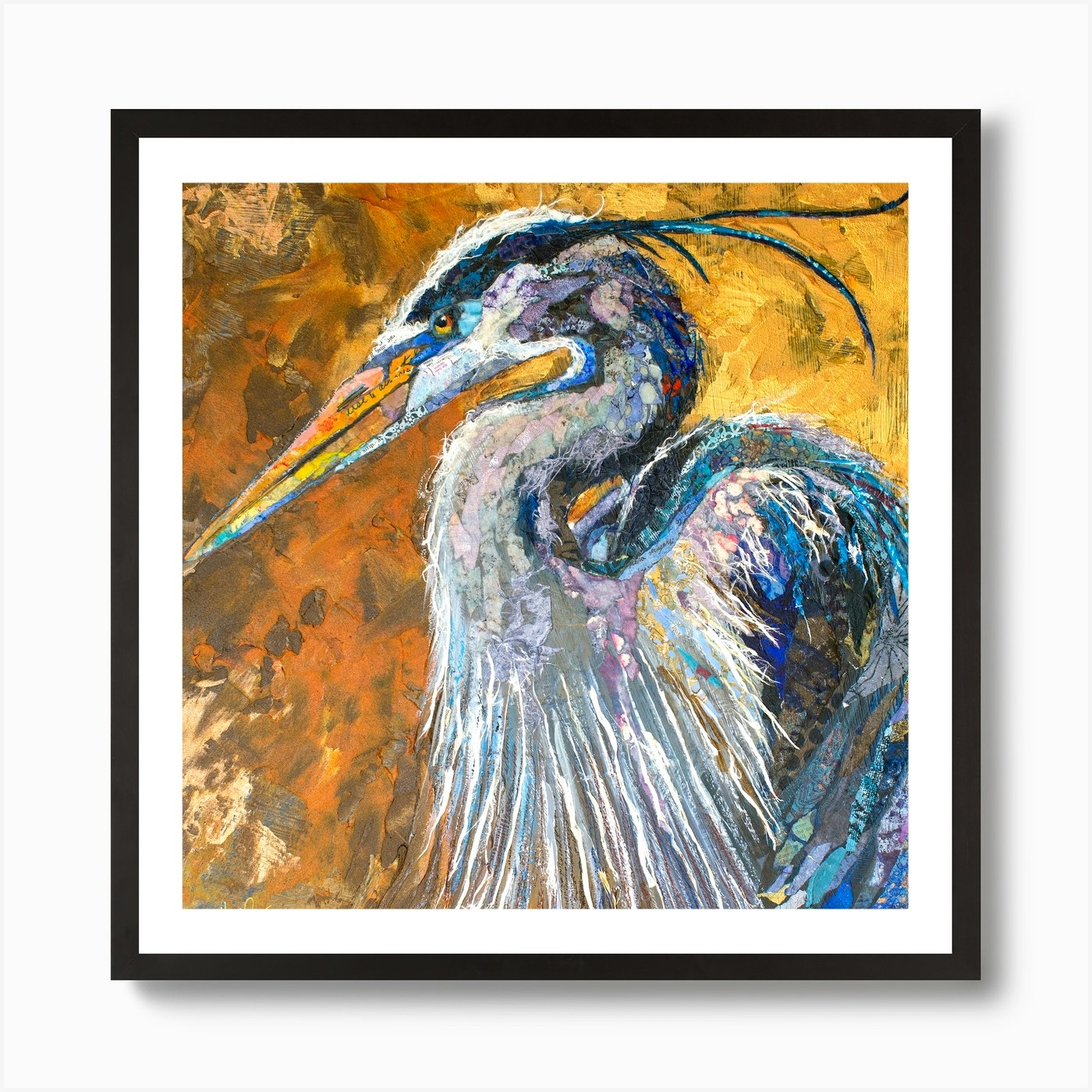 Blue Heron On Gold Square Art Print by Paper Paintings - Fy