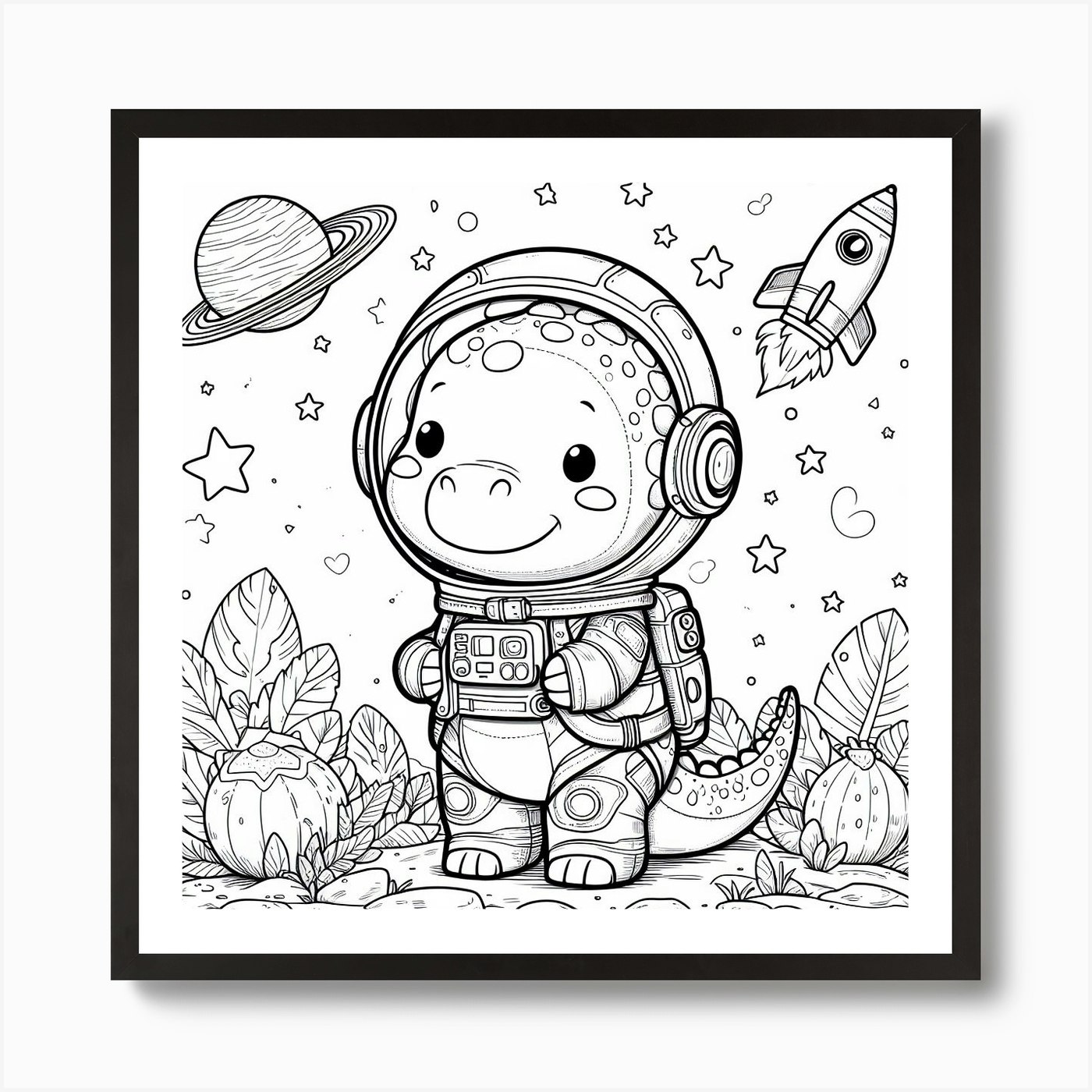 Cute Dinosaur In Space Coloring Page Art Print by Art Reimagined - Fy