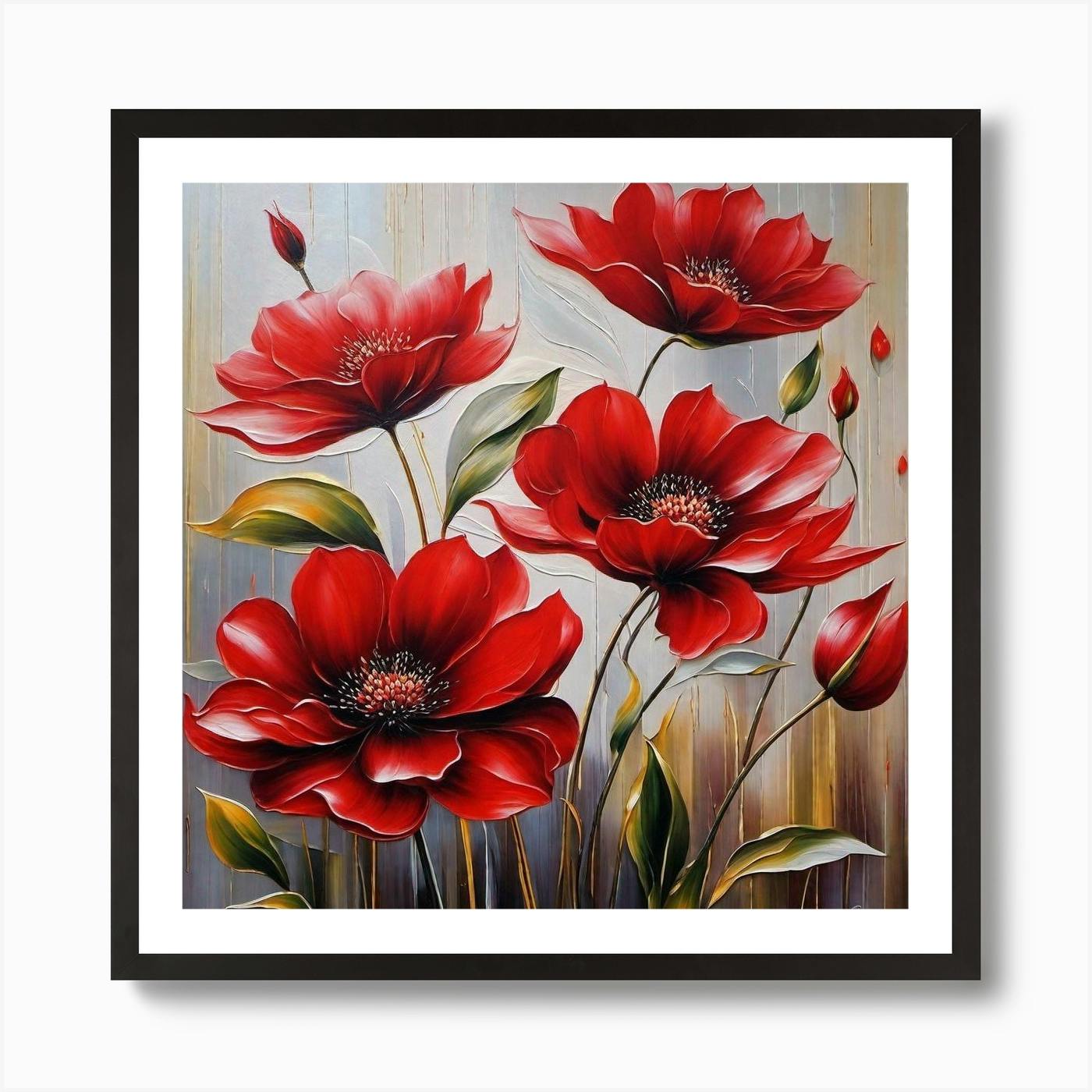 Framed Painting of Red Flower in Vase, Framed Acrylic popular Floral Painting