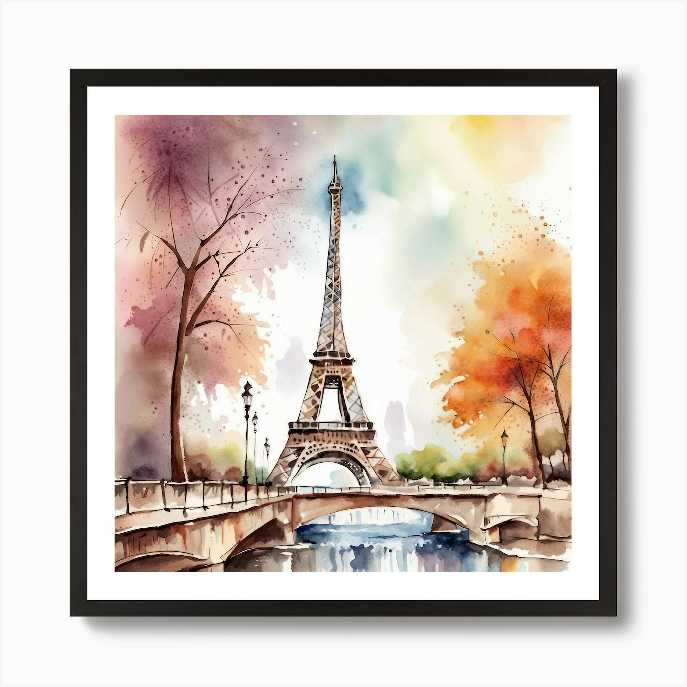 Paris Eiffel Tower Floral Watercolor outlet Oil Painting Framed Art Print