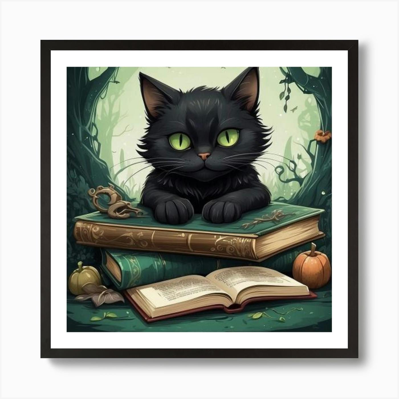 A Spooky Black Cat Reading A Book With Candles 2 Art Print