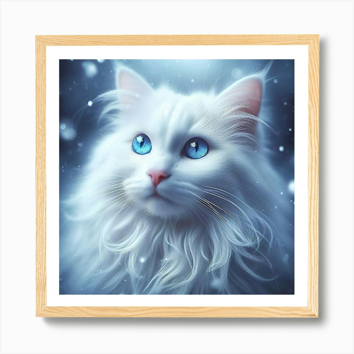 AVintage blue eyed- white cat popular print. Framed. Signed. GUC!