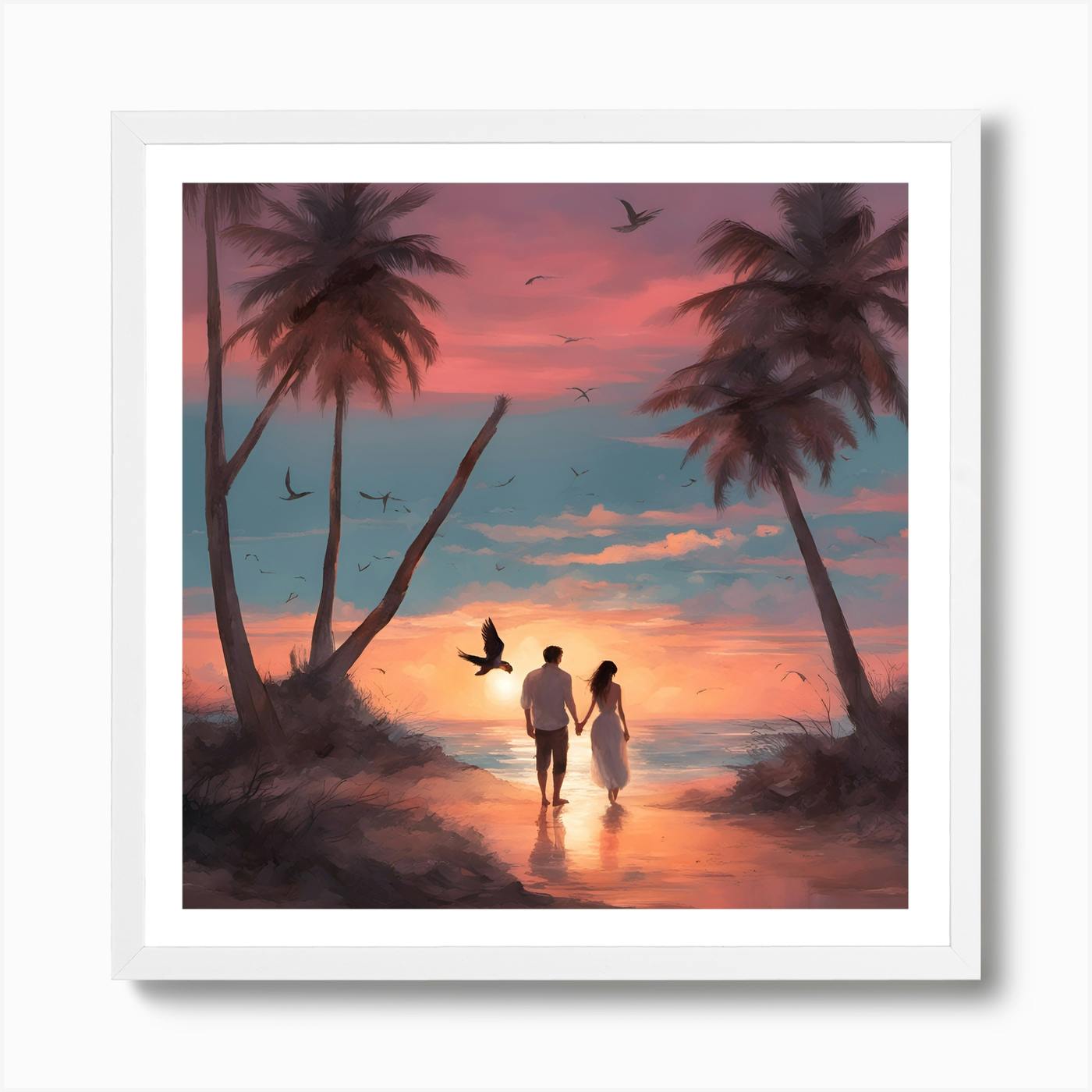 Couple Walking on Beach Path Oil Painting or Print, Sunset Over Ocean, Tropical popular Summer Art