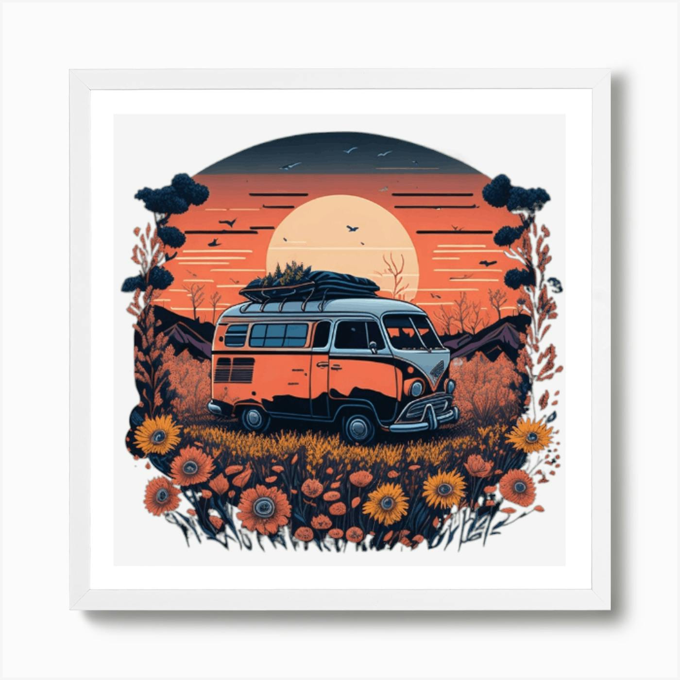 VW camper van digital art. Framed shops print on photo paper. Designed and created in the UK for car lovers everywhere.