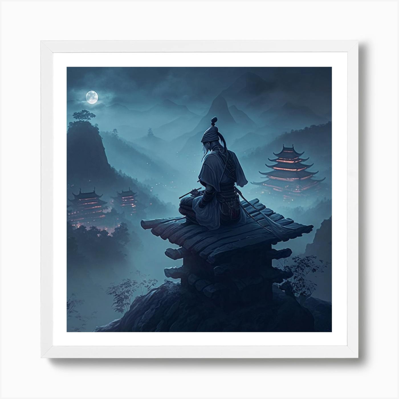 Myeera Ninja Sitting On Top Of A Rooftop In Ancient Japan Mist Art Print