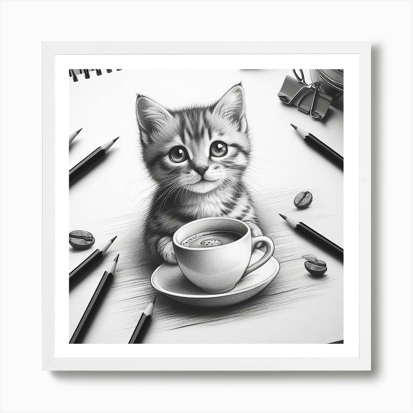 Pencil drawing of kitten with teacup of kittens on his head. In white wooden frame and mount. 18 x 13” store