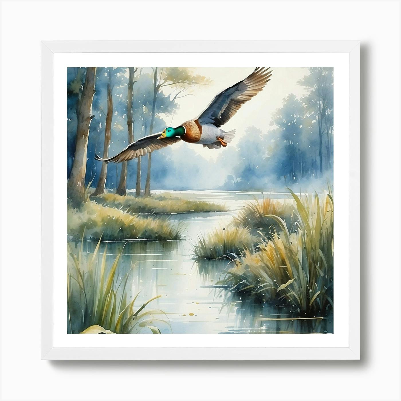 Watercolour painting of flying ducks sale leaving a lake