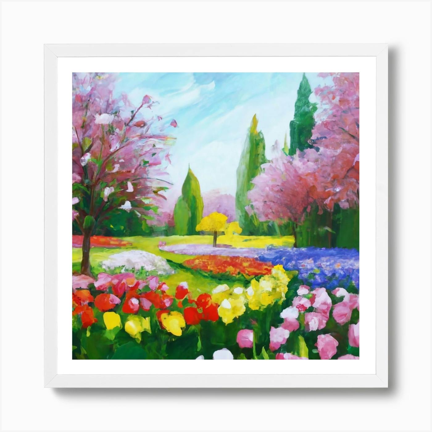 Floral painting, green, white flowers, top spring flowers, garden, colorful art