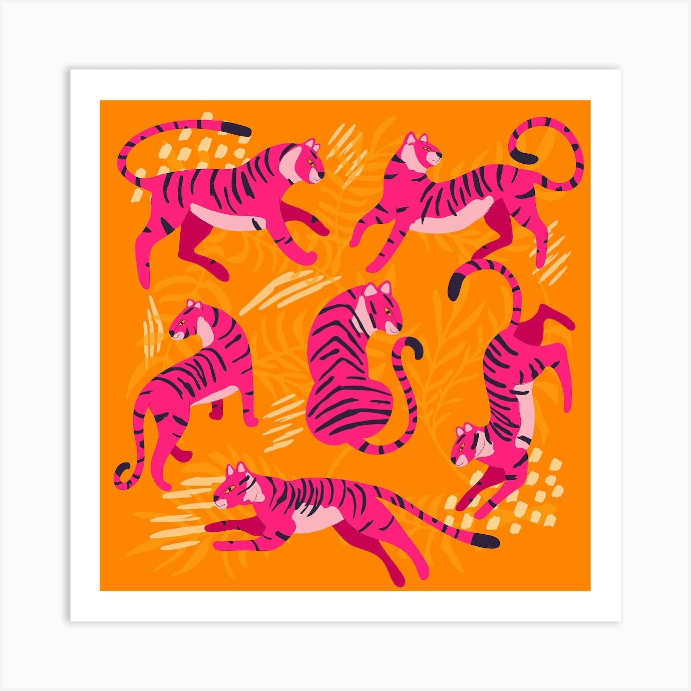 Vibrant Pink Tigers On Bright Orange Square Art Print by BlueLela - Fy