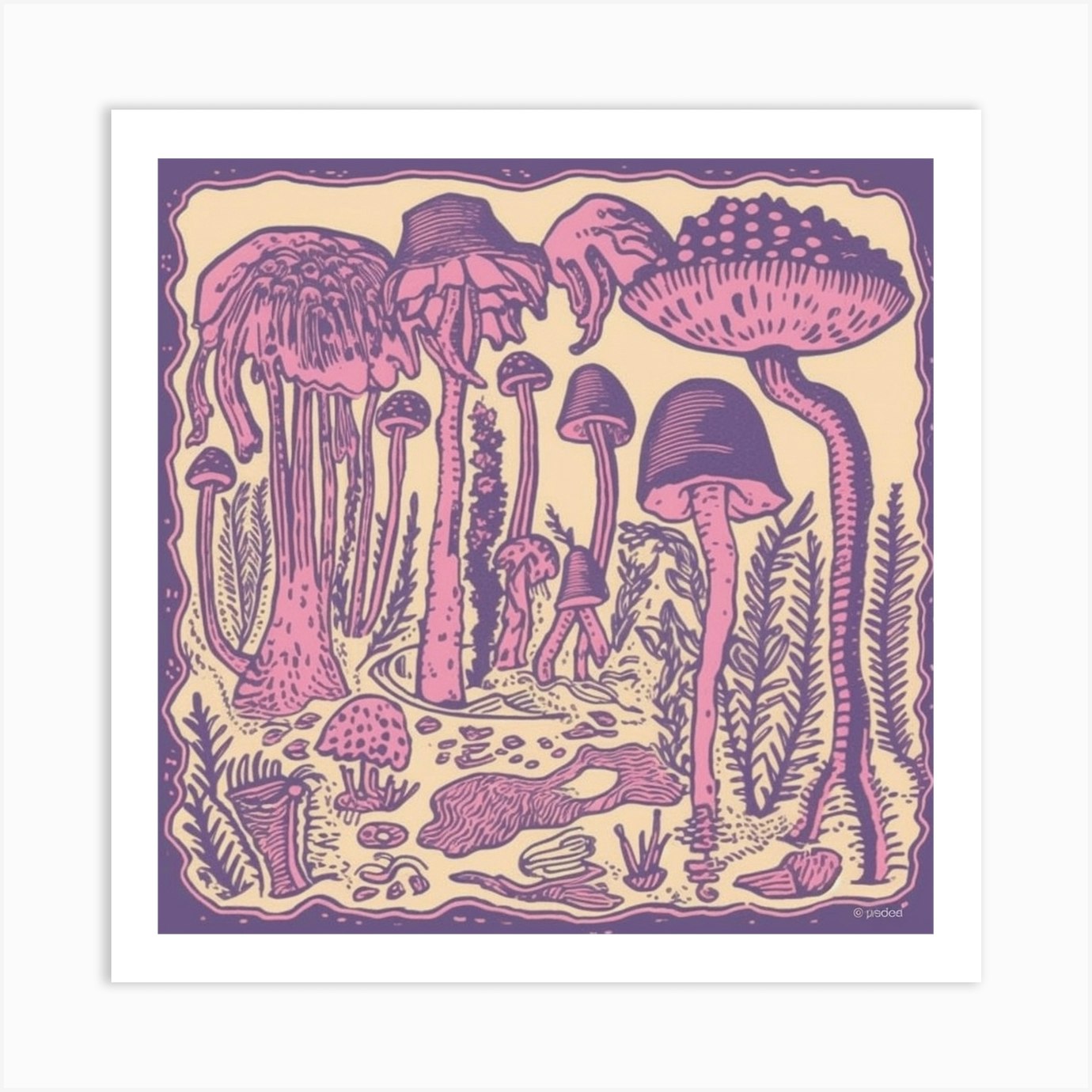 Mushroom Woodcut Purple 2 Art Print by Enchanted Prints - Fy