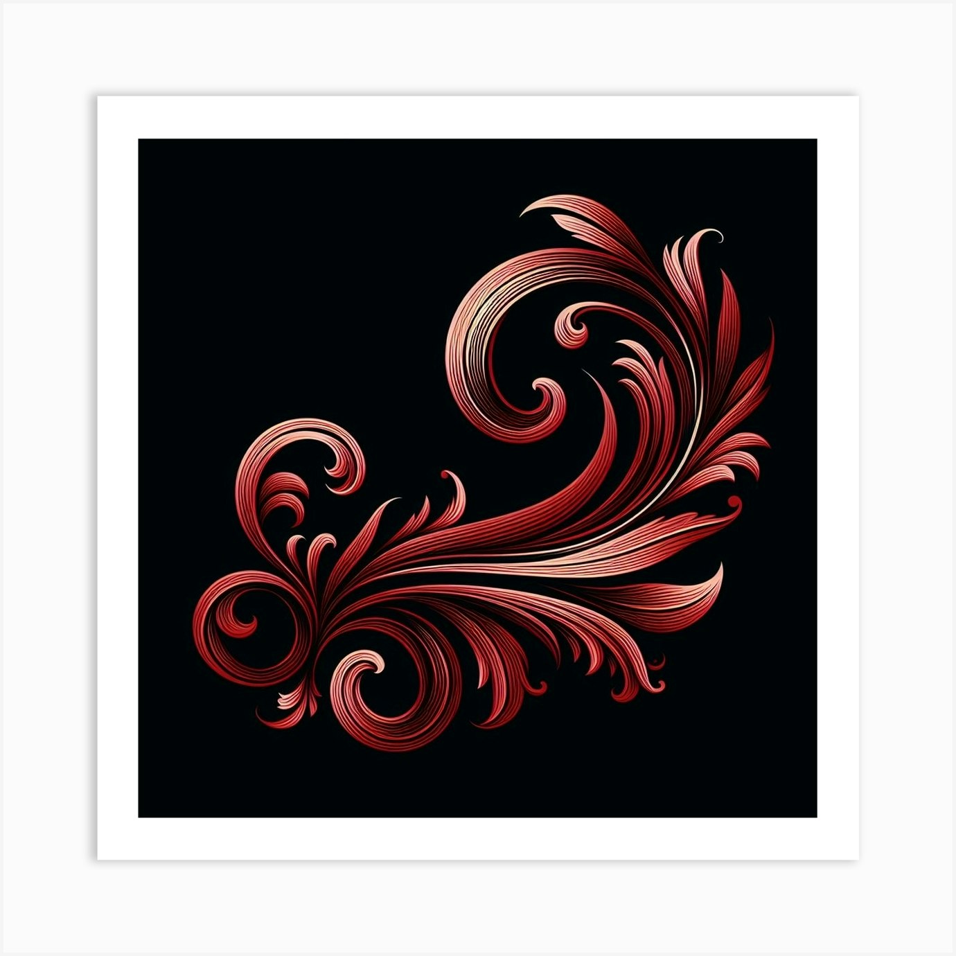 Red Floral Design On Black Background Art Print by Art Reimagined Fy