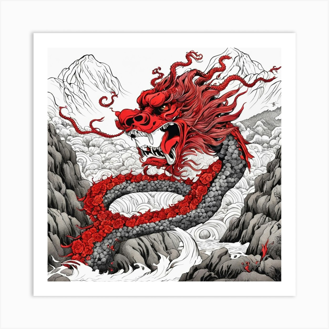 Chinese Dragon Mountain Ink Painting (14) Art Print by 1xMerch - Fy